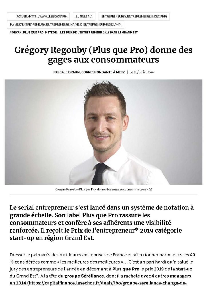 Article Les Echos Entrepreneurs sur Grégory Regouby, CEO de Plus que PRO