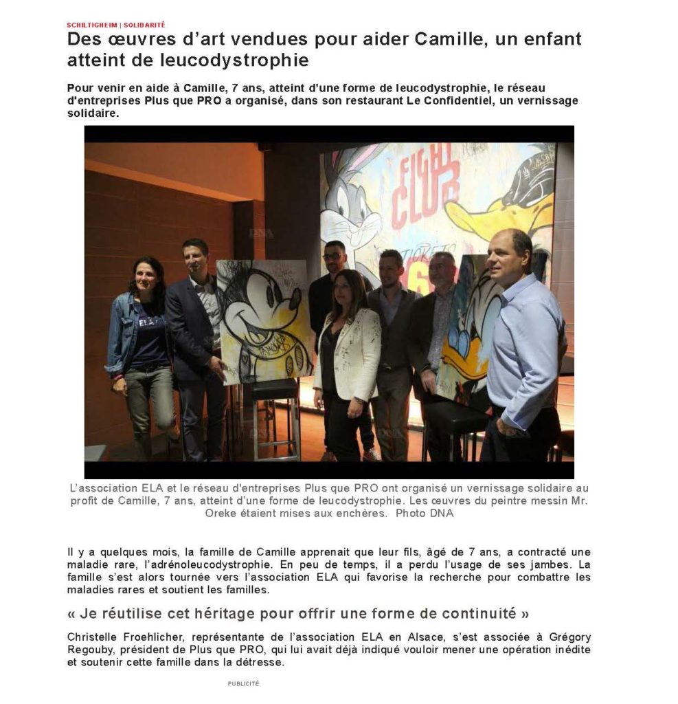 Article DNA sur le vernissage solidaire organisé par Plus que PRO au profit du petit Camille.